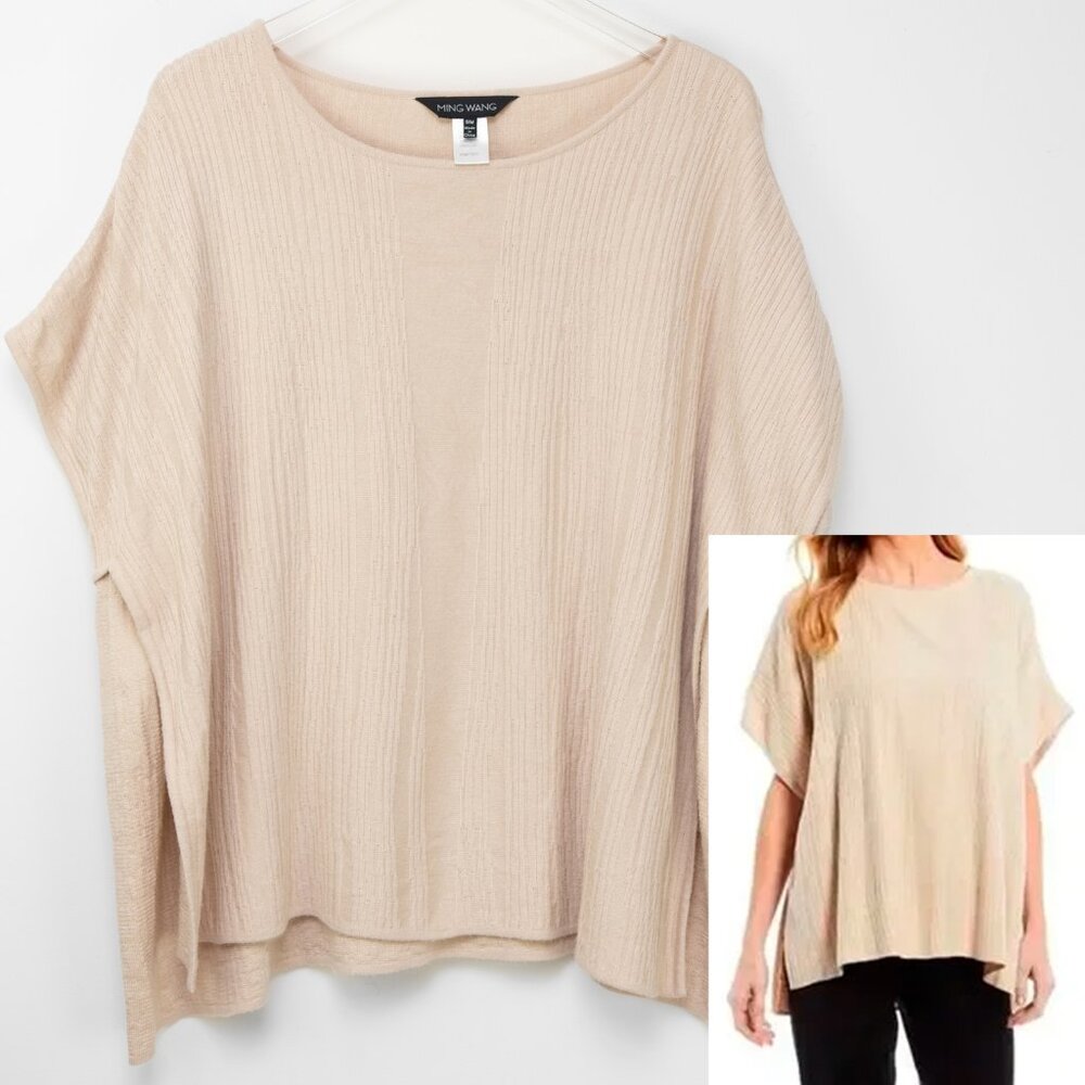 Ming Wang Poncho Top Pullover Knit Tunic Short Sleeve Beige Size Small Medium